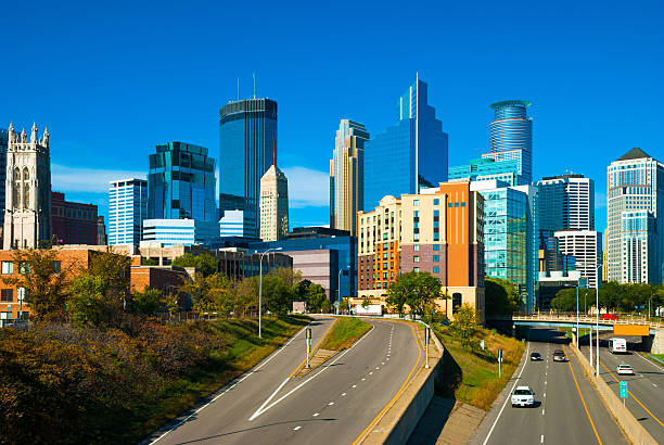 istock Minneapolis downtown skyline and highway, wide angle 475592914