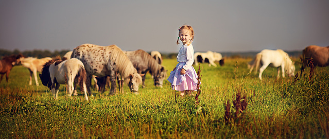 A cute little white girl in jockey boots walking among little pony in the field on a sunny summer day