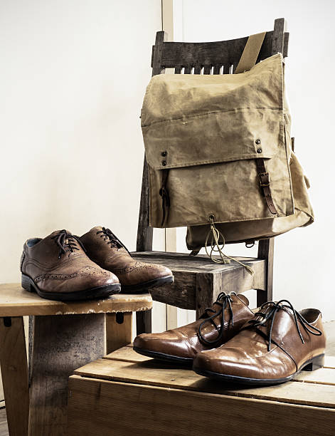 istock Vintage male accessories.Backpack bag and leather shoes. 475596232