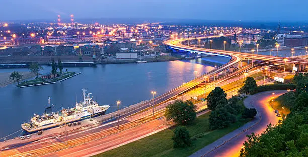 Panoramic view of Szczecin, waterfront at dusk, Poland.