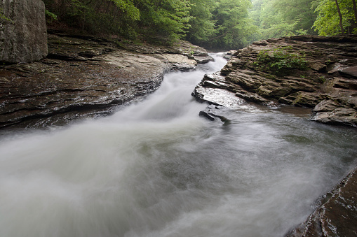 Meadow Run creek in Ohiopyle State Park, Pennsylvania. This section is a natural formed water slide that ends in a calm pool. Photographed in the summer time. 