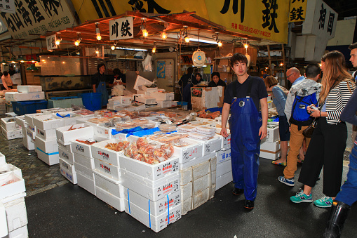 2023-11-11 Osaka, Japan. Fresh seafood on sale at a market in Osaka, Japan