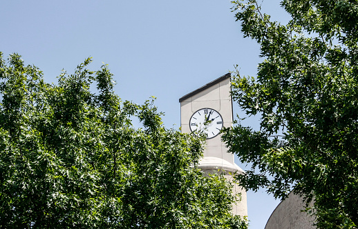 white stone clock tower trimmed in black among large green trees backed by  a blue sky 