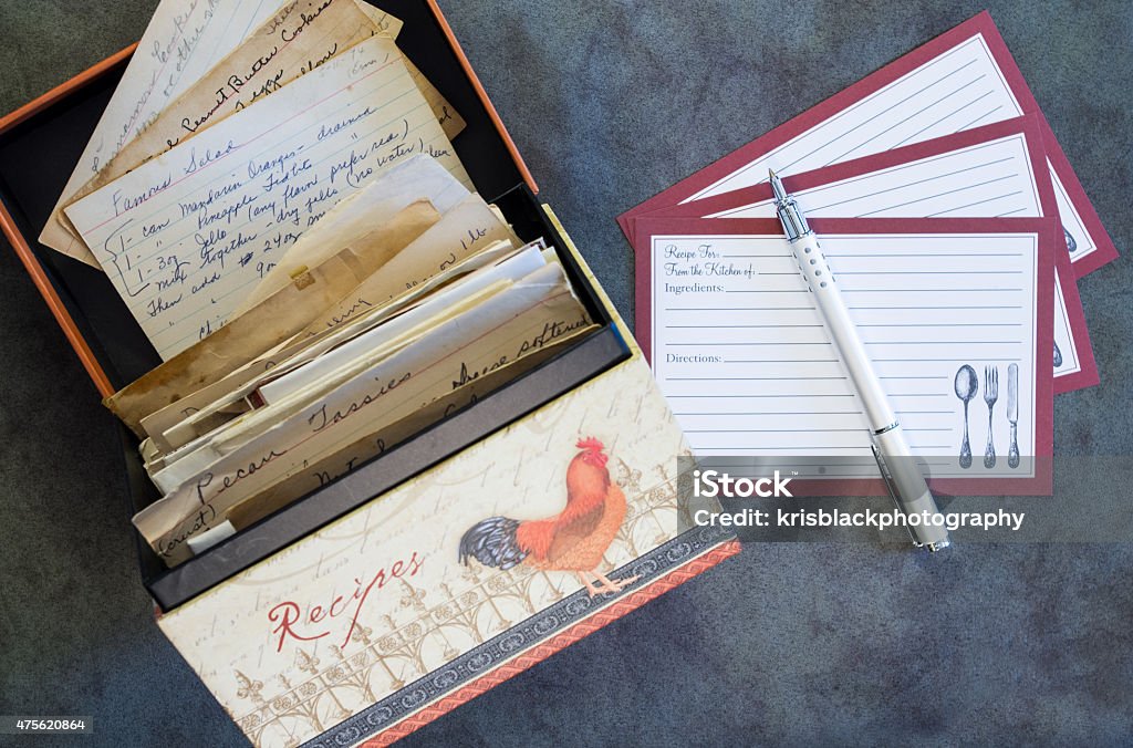 Recipe Box, Recipe Cards, Vintage Recipes Recipe box holding vintage recipes along with blank recipe cards on deep green textured background Recipe Stock Photo