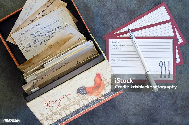 Recipe Box Recipe Cards Vintage Recipes Stock Photo - Download Image Now - Recipe, Box - Container, Old
