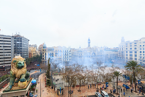 Valencia, Spain - March 19, 2015: A typical falla at Fallas party in Valencia, Spain. Those ephemeral monuments, fallas, are burned on March 19, View from the City of Valencia of mascleta, celebrated in Valencia, Spain 19 March 2015 in Valencia Spain