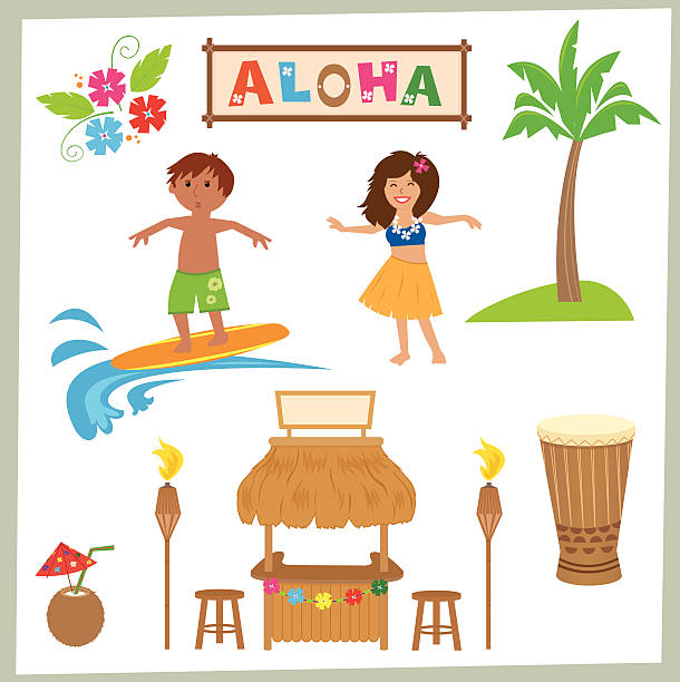 Aloha Set Cute Hawaiian set of tiki bar, drum, surfer, hula girl and more. Eps10 tiki torch stock illustrations