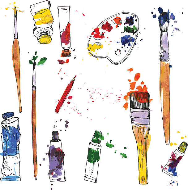 illustrazioni stock, clip art, cartoni animati e icone di tendenza di set di materiali d'arte - paintbrush wallpaper brush paper creativity