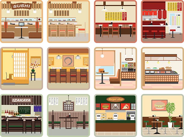 ilustraciones, imágenes clip art, dibujos animados e iconos de stock de varios restaurantes - café edificio de hostelería