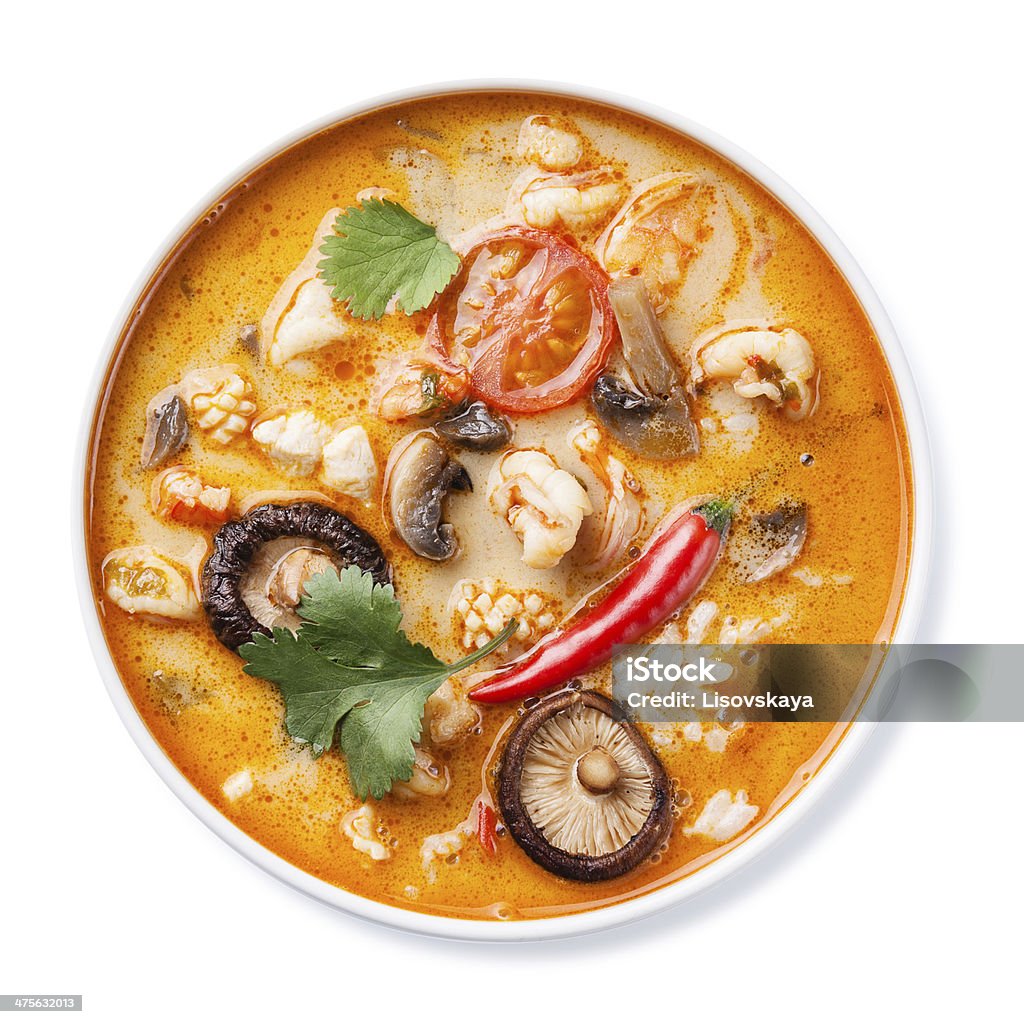 Spicy soup Tom Yam Spicy Thai soup Tom Yam with Coconut milk, Chili pepper and Seafood Thai Food Stock Photo