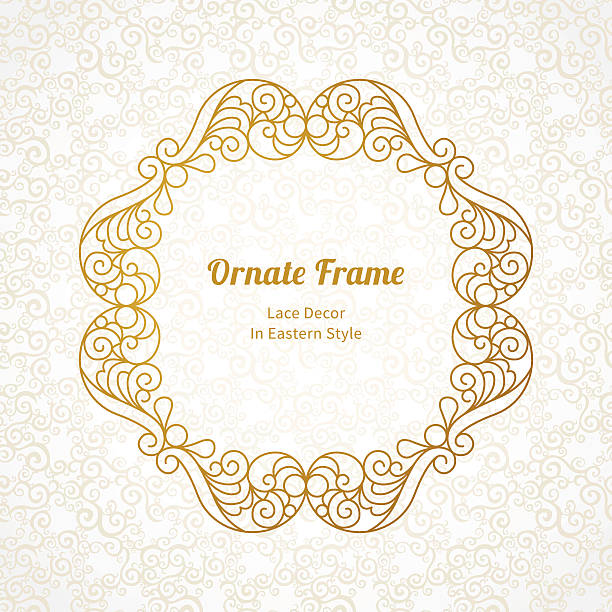 Elegant element for design in Eastern style. Vector decorative line art frame for design template. Elegant element for design in Eastern style, place for text. Golden outline floral border. Lace illustration for invitations and greeting cards. tracery stock illustrations