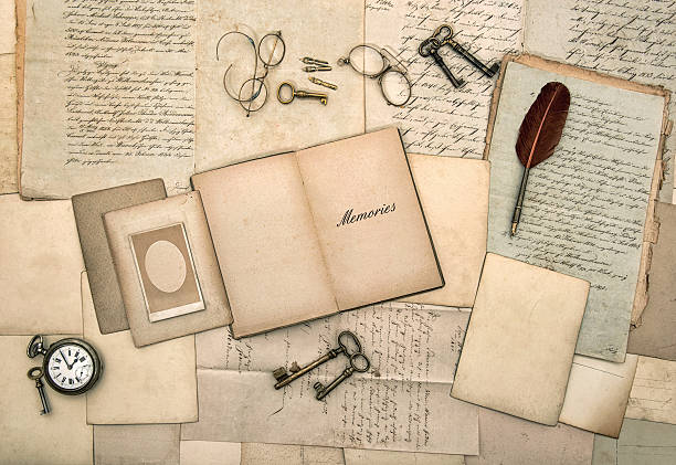 istock open book, old letters, post cards, glasses, keys, clock 475632413