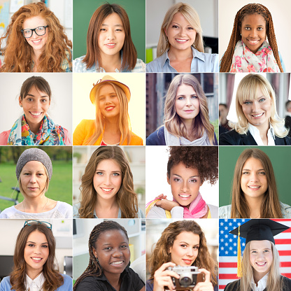 Collection of women portraits looking at camera and smiling. Grid of 16 images of young woman and different ethnicities.