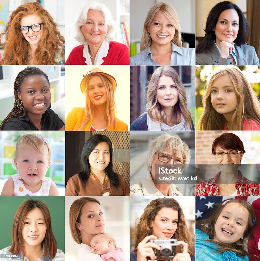 Collection of women portraits looking at camera and smiling. Collection of women portraits looking at camera and smiling. Grid of 16 images of woman and girls different ages and ethnicities. Grid Pattern Stock Photo