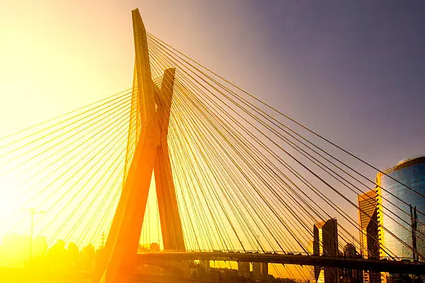 Photo of the famous cable stayed bridge located at Sao Paulo city. The name of this bridge is "Octavio Frias de Oliveira ". This is a famous image of the most important  city of Brazil. The bridge is over Pinheiros River and Marginal Pinheiros.