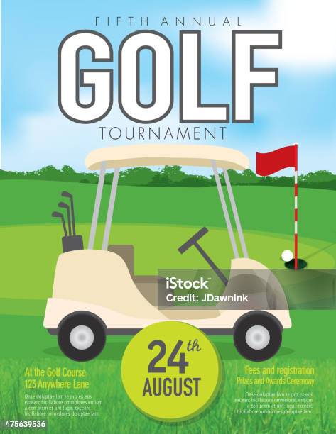 Golf Tournament With Golf Cart Invitation Design Template On Green Stock Illustration - Download Image Now