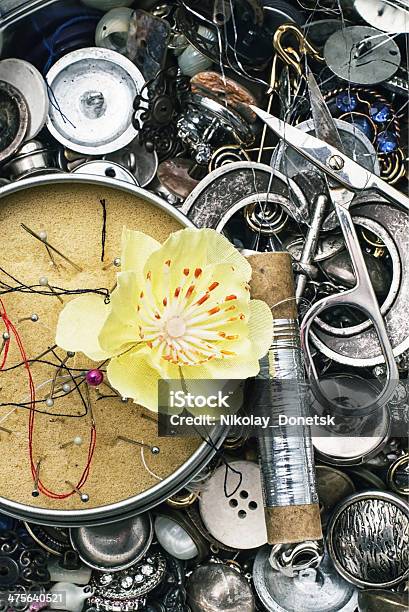 Sewing Accessories Stock Photo - Download Image Now - Basket, Braided Hair, Button - Sewing Item