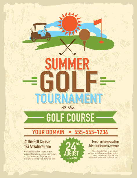 Vector illustration of summer golf tournament invitation layout or poster advertisement design template. Green, cheerful retro revival colors.  Includes sample text design elements and golf green, golf course and golf cart background. Perfect for golf outing, tournament, golf course advertisement poster and charity sporting event. See my portfolio for other invitations and golf concepts.