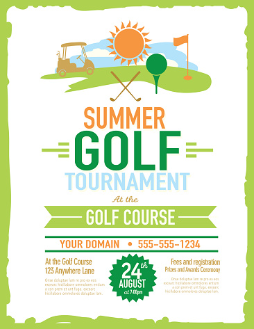 Vector illustration of summer golf tournament invitation layout or poster advertisement design template. Green, cheerful color palette. Includes sample text design elements and golf green, golf course and golf cart background. Perfect for golf outing, tournament, golf course advertisement poster and charity sporting event. See my portfolio for other invitations and golf concepts.