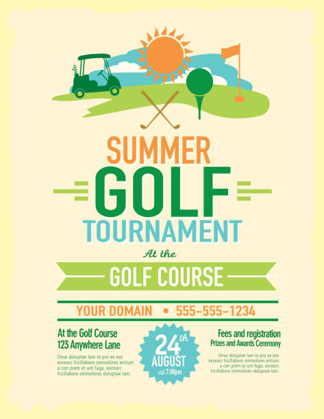 Vector illustration of summer golf tournament invitation layout or poster advertisement design template. Green, cheerful yellow colors.  Includes sample text design elements and golf green, golf course and golf cart background. Perfect for golf outing, tournament, golf course advertisement poster and charity sporting event. See my portfolio for other invitations and golf concepts.