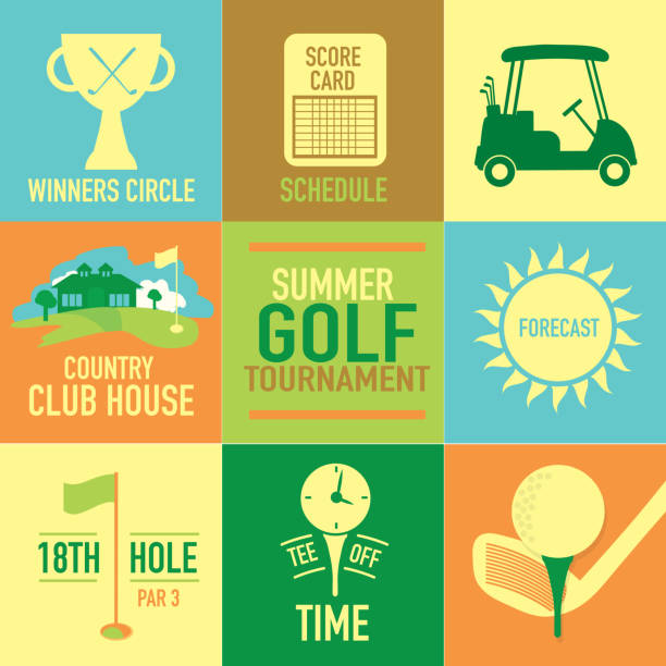 illustrazioni stock, clip art, cartoni animati e icone di tendenza di carino estate torneo di golf set di etichette - golf golf club golf course teeing off