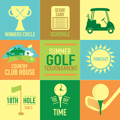 Vector illustration of summer golf tournament label set design template. Green, cheerful orange colors.  Includes sample text design elements and golf green, golf course and golf cart, club house, tee off time, score card, schedule, sun and flag labels. Perfect for golf outing, tournament, golf course advertisement poster and charity sporting event. See my portfolio for other invitations and golf concepts.