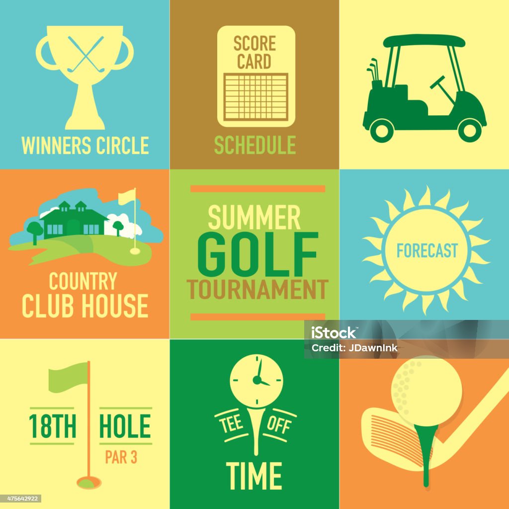 Cute Summer Golf tournament label set Vector illustration of summer golf tournament label set design template. Green, cheerful orange colors.  Includes sample text design elements and golf green, golf course and golf cart, club house, tee off time, score card, schedule, sun and flag labels. Perfect for golf outing, tournament, golf course advertisement poster and charity sporting event. See my portfolio for other invitations and golf concepts. Golf stock vector