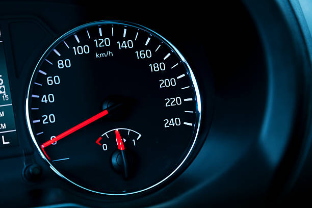 istock Closeup photo ob modern automotive speedometer on black 475644701