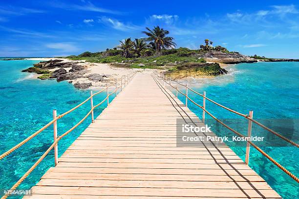 Pier To The Tropical Island Of Caribbean Sea Stock Photo - Download Image Now - Playa Del Carmen, Mexico, Beach