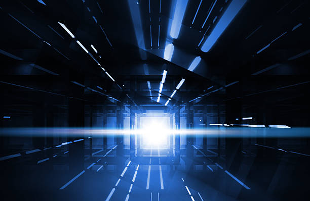 istock Abstract dark shining interior with blue neon lights 475645679
