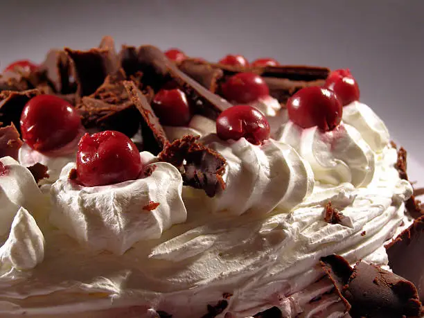 Sour cherry cake with chocolate and cream close up