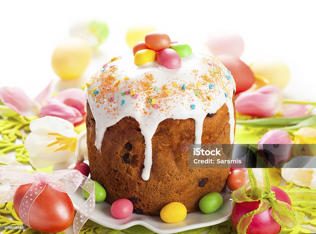 Easter cake and eggs Easter cake and  eggs on festive Easter table Baked Stock Photo