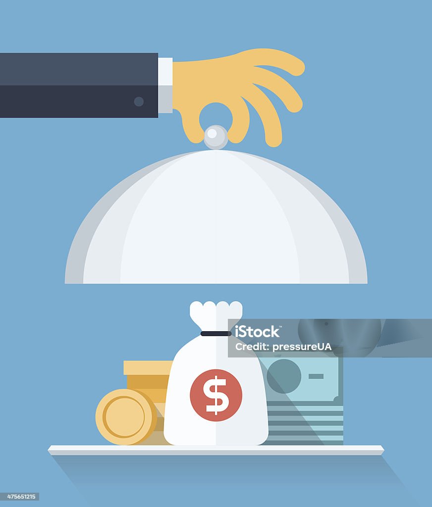 Financial service flat illustration concept Flat design style modern vector illustration concept of businessman offering a money on the serve plate for funding a commercial project or investment in bank deposit. Isolated on the blue  background Abstract stock vector