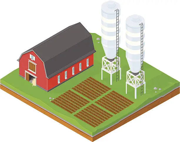 Vector illustration of Isometric Farm silo and crops