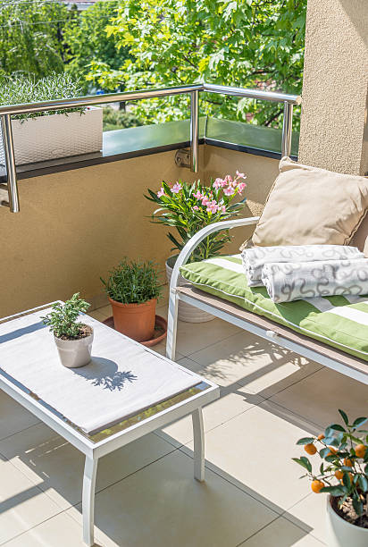 istock Balcony outdoor seating with the flowers 475672124