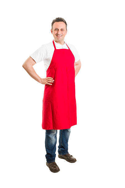 istock Supermarket employee or butcher with red apron 475685054