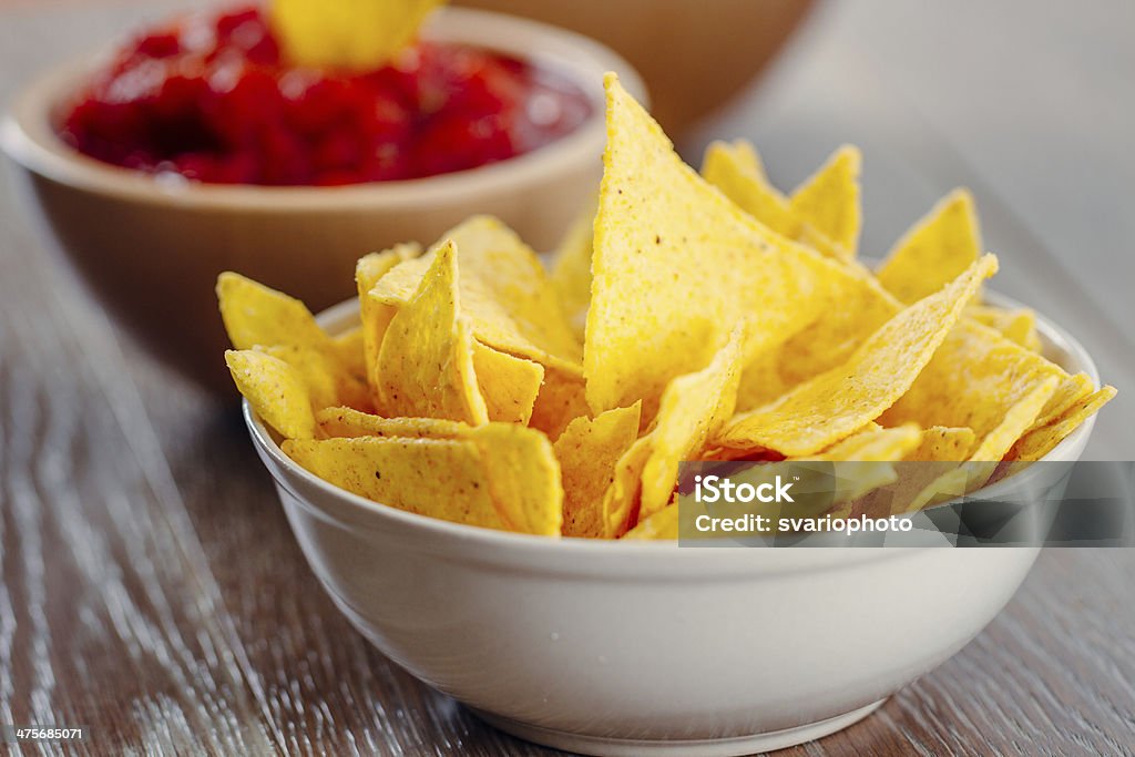 Nacho Chips with Salsa Appetizer Stock Photo