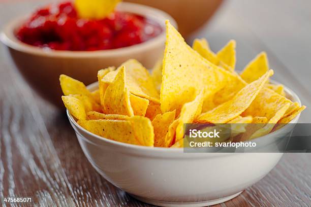 Nacho Chips With Salsa Stock Photo - Download Image Now - Appetizer, Bean, Bowl