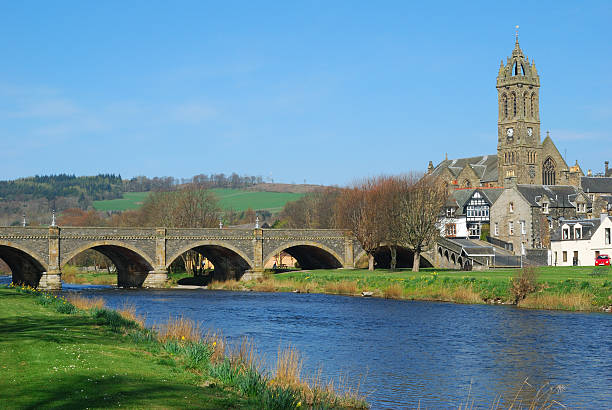 Peebles town bridge over river Tweed stock photo