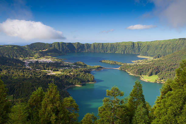 Famous caldera on Azores Sete Cidades Lagoon on Azores island san miguel portugal stock pictures, royalty-free photos & images