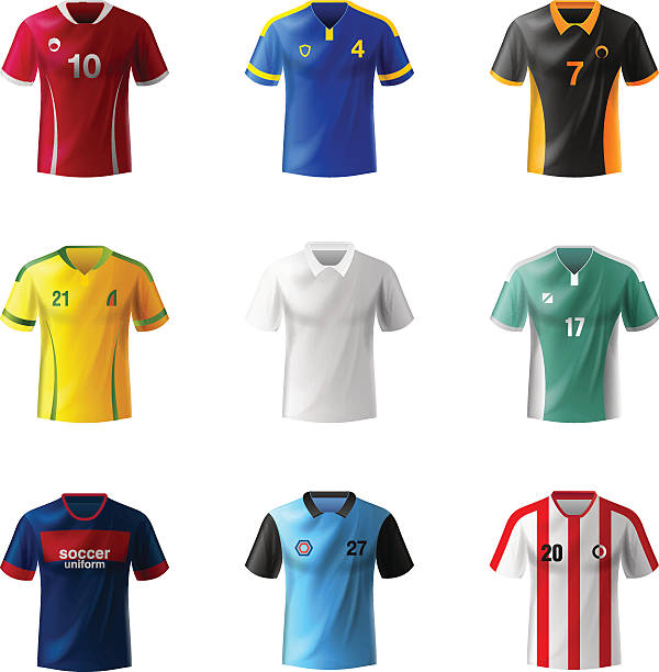 ilustraciones, imágenes clip art, dibujos animados e iconos de stock de soccer jerseys uniformes - traje deportivo