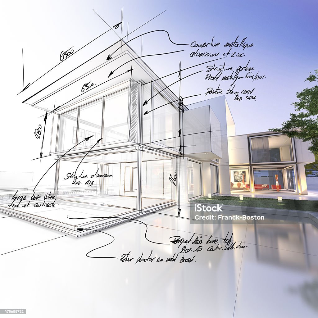 Mansion draft 3D rendering of a luxurious villa contrasting with a technical draft part Architecture Stock Photo