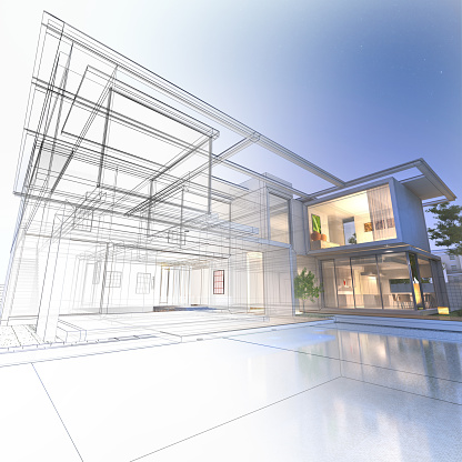 3D rendering of a luxurious villa with contrasting realistic rendering and wireframe