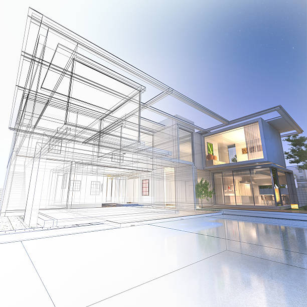 wireframe mansion - three dimensional blueprint construction housing project - fotografias e filmes do acervo