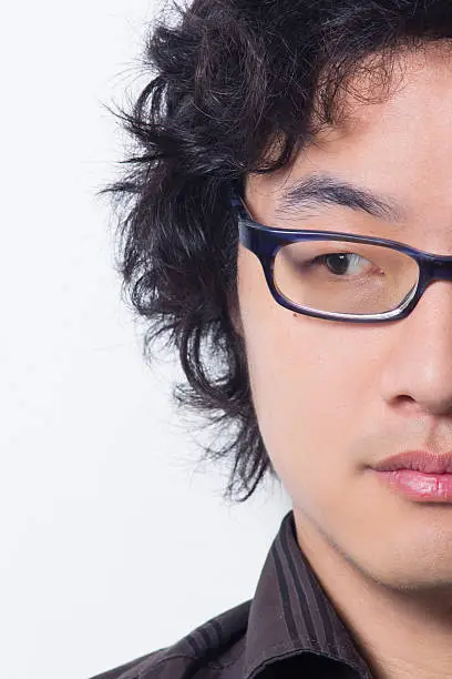 Asianman looking sideways with black glasses serious