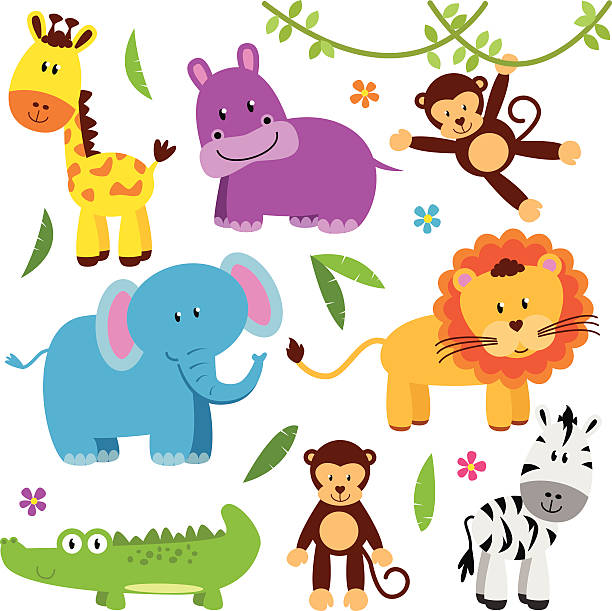 illustrations, cliparts, dessins animés et icônes de mignon vector ensemble d'animaux du zoo - cartoon giraffe young animal africa
