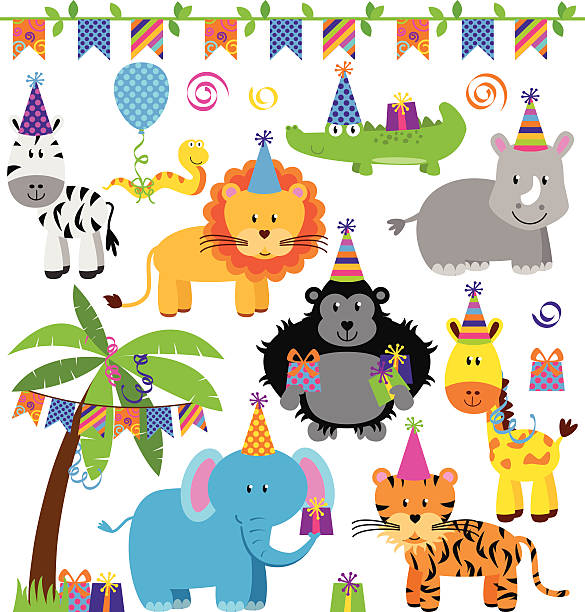 vektor-sammlung von geburtstag party-animals - tropical rainforest animal cartoon lion stock-grafiken, -clipart, -cartoons und -symbole