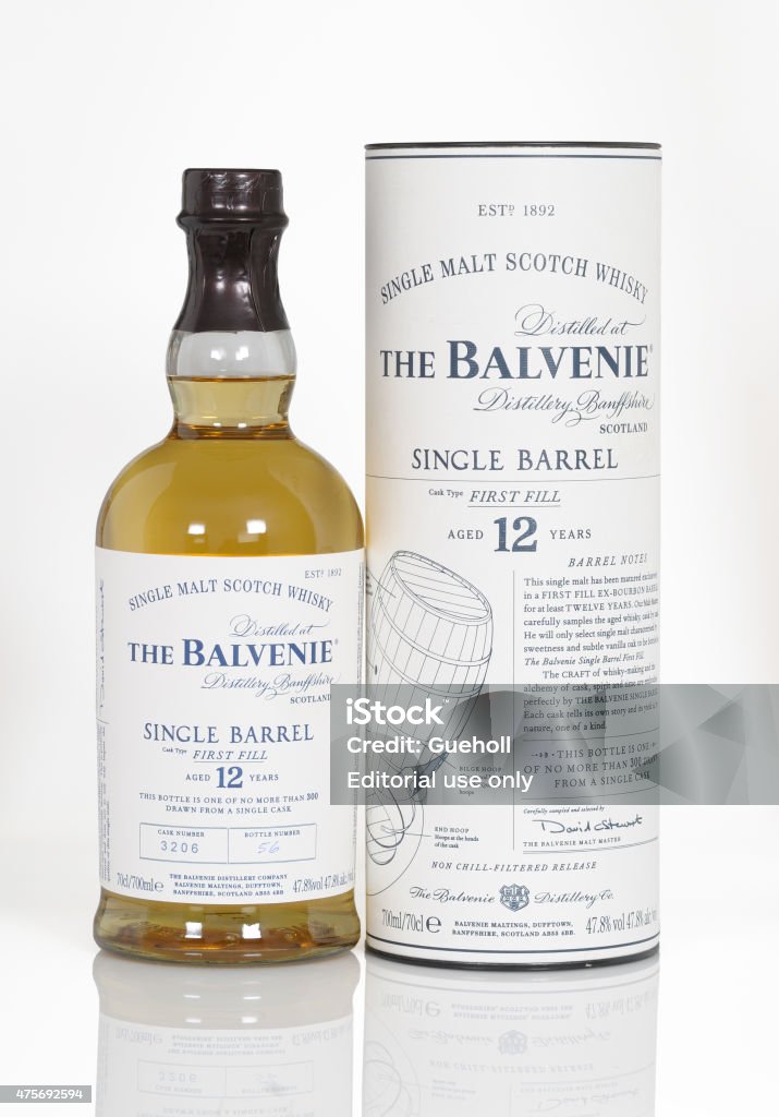 Balvenie whisky Bayreuth, Germany – May 17, 2015: bottle and tube of a 12 years old Scottish single malt whisky from the distillery Balvenie. 2015 Stock Photo