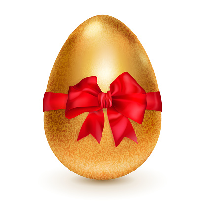 Realistic golden egg tied a red ribbon with a bow. With shadow on white background. Vector illustrations.
