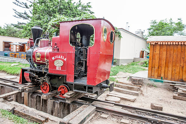 Lima, Peru - January 21, 2015: Vintage red Peruvian steam train in Lima park Parque de la Amistad